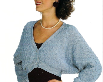 Womens Crop Length Cardigan Ladies Easy Knit Ladies V Neck Jacket Bolero PDF Knitting Pattern DK 8ply 30 - 40" Vintage Downloadable