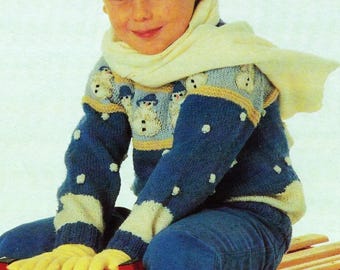 Childs Snowmen Motif Christmas Sweater Boys Girls Snowman Jumper Fair Isle PDF Knitting Pattern DK 8ply Age 3 - 6 Toddler Vintage Download
