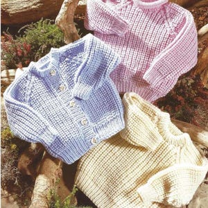 Childs Chunky Fishermans Rib Sweater Raglan Cardigan Jumper PDF Knitting Pattern Older Boys Girls Bulky 12ply 22 - 34" 1 - 14 yrs Vintage