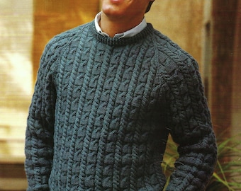 Mens Cable Sweater Raglan Jumper Pullover PDF Knitting Pattern DK 8ply 32 - 42" Worked Flat Vintage Downloadable