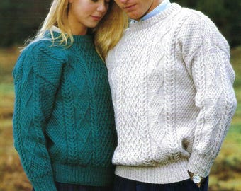 Mens Ladies Diamond Cable Sweater PDF Knitting Pattern Womens Crew Neck Aran Jumper His & Hers Knits 10ply 32 - 46" Vintage Downloadable