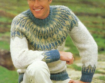 Mens Chunky Fair Isle Yoked Sweater PDF Knitting Pattern Gents Icelandic Nordic Yoke Jumper Pullover Bulky 12ply 36 - 42" Vintage Download