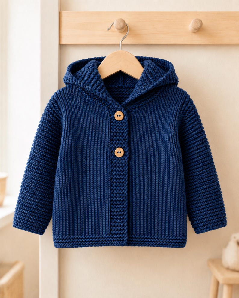 May include: A deep blue knitted hooded cardigan featuring a textured garter stitch pattern throughout the body and sleeves. The garment includes a hood, long sleeves, and a front closure secured by two light brown wooden buttons centered vertically.