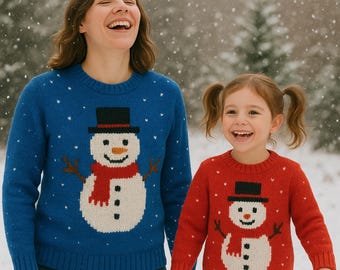 Snowman Family Christmas Sweater Jumper PDF Knitting Pattern Mens Womens Boys Girls Festive Pullover DK 8ply 24 - 46" Age 4 - Adult Download