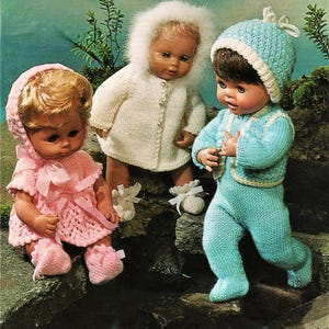 Baby Dolls Clothes Dress Bonnet Boots Playsuit Coat 3 Complete Outfits PDF Knitting Pattern DK  4ply Doll Height 12 - 18&quot; Vintage Download