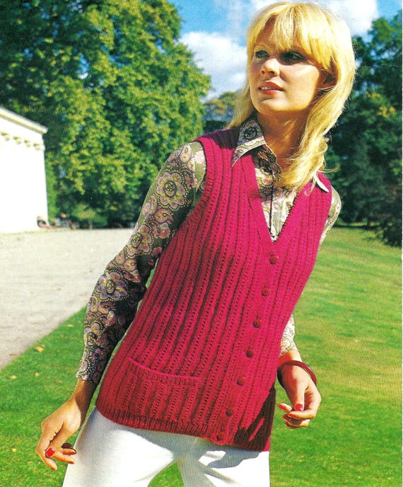V Neck Womens Knitted Waistcoat Patterns Easy Knit Ladies V Neck