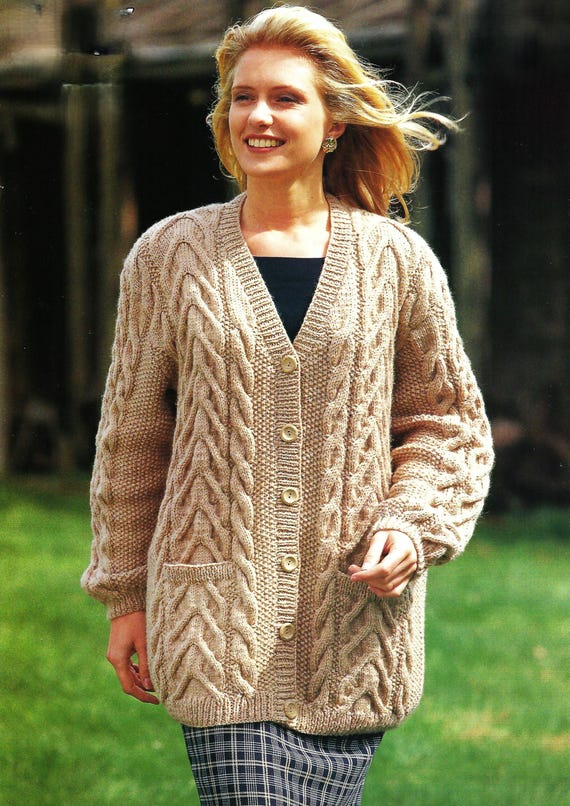 Knitting Pattern PDF Womens V Neck Cable Cardigan Ladies Long Jacket with  Pockets Aran 10ply Worsted 32 46