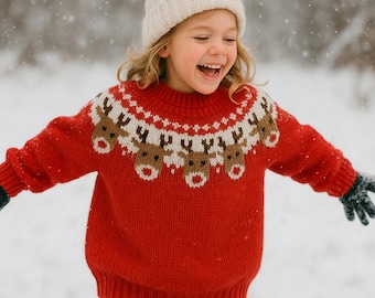 Boys Girls Chunky Reindeer Fair Isle Yoke Sweater PDF Knitting Pattern Child's Christmas Jumper Bulky 12ply 24 - 32" Age 3 - 12 Downloadable