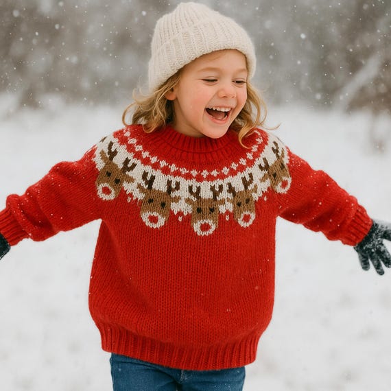 Boys Girls Chunky Reindeer Fair Isle Yoke Sweater PDF Knitting