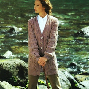 Ladies Long Cable Jacket Womens V Neck Coat Cardigan with Pockets PDF Knitting Pattern DK 8ply 28 - 40" Vintage Downloadable