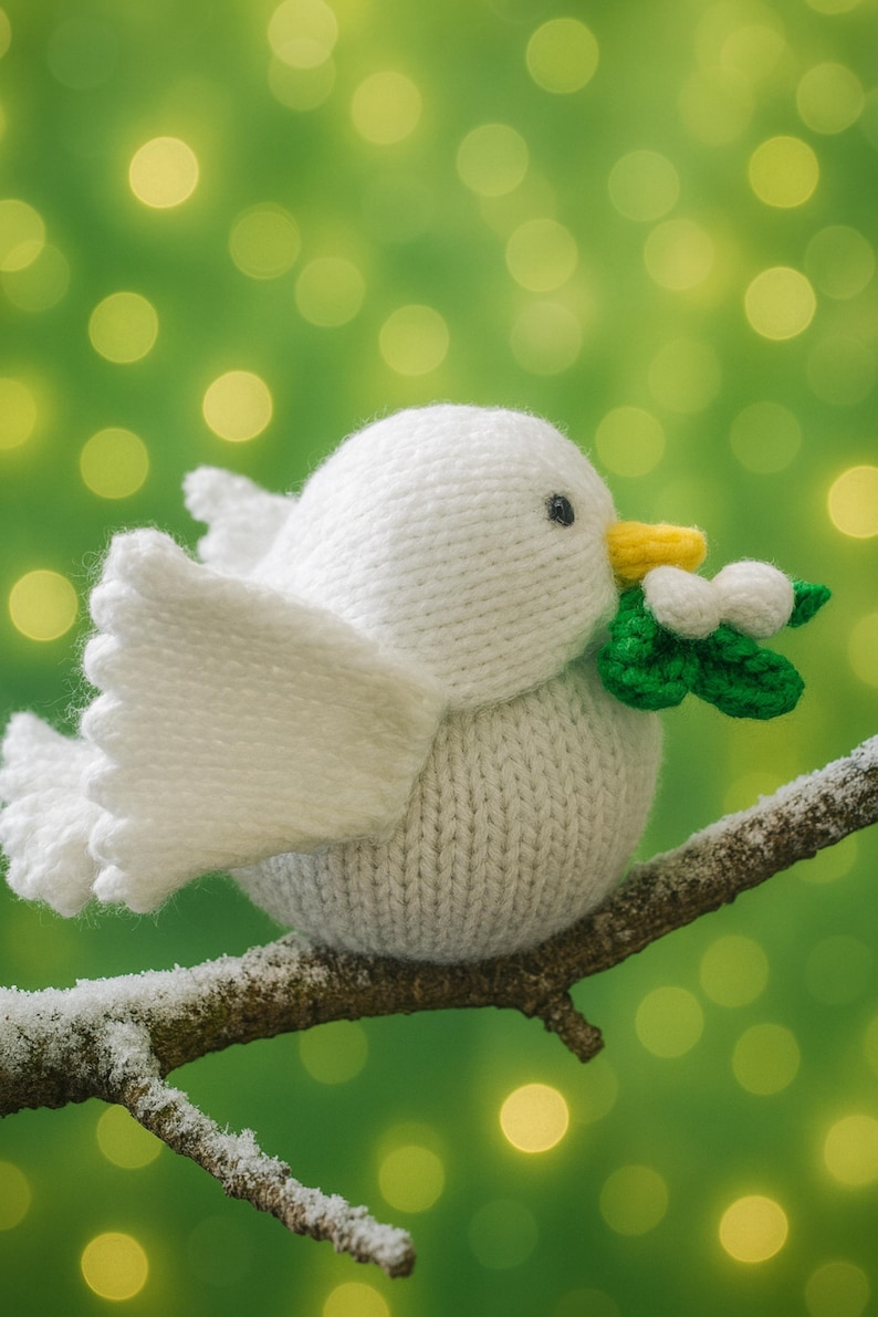 May include: A knitted white bird with outstretched wings perches on a snow-covered branch. The bird has a yellow beak and is holding green leaves with white berries. The background is a blurred green with yellow bokeh.