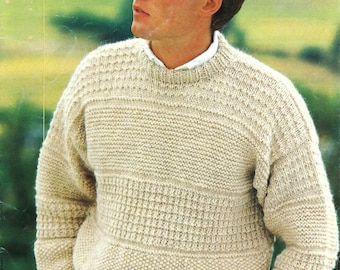 Easy Knit Mens Chunky Sweater Gents Textured Jumper Pullover PDF Knitting Pattern Bulky 12 ply 34 - 44" Vintage Downloadable