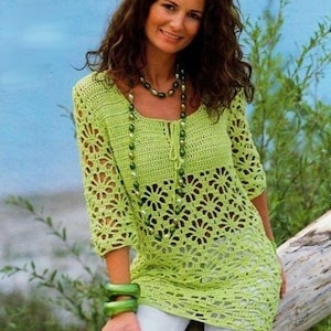PDF Crochet Pattern Lacy Womens Summer Sweater Ladies Beach Cover Up Top Jumper Aran 10ply Worsted 36 - 46&quot; Vintage Downloadable