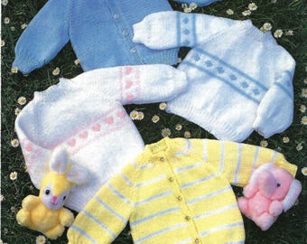 Baby Boys Girls Raglan Cardigan & Sweater Easy Knit Plain Striped Heart Motif PDF Knitting Pattern DK 8ply Toddler Jumper 0 - 2 yrs Vintage