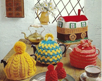 4 x Tea Cosy Knitting & Crochet Pattern PDF Caravan Teacosy Cable Striped Egg Tea Cosies DK 8ply 4 - 6 Cup Teapot Cover Vintage Download