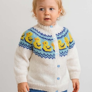 Girls Fair Isle Duck Motif Yoked Cardigan Knitting Pattern PDF Baby Toddler Chick Yoke Jacket DK 8ply 20 - 23&quot; Age 1 - 4 Downloadable
