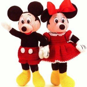 Vintage Crochet Pattern Mickey Minnie Mouse Toy PDF Height  18" Seated 12" Aran 10ply Worsted Downloadable