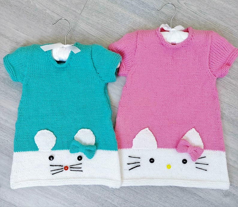 Baby Girls Kitty Cat & Mouse Motif Short Sleeve Dress Easy Knit Summer PDF Knitting Pattern DK 8 ply 19 24 3mths 3 yrs 2 x Designs image 1