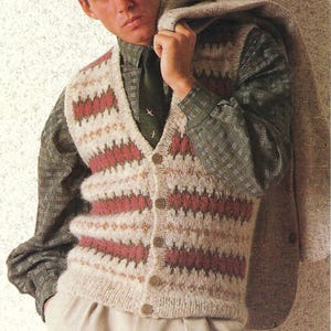 Mens Fair Isle Waistcoat V Neck Vest PDF Knitting Pattern Sleeveless Sweater Aran 10ply Worsted 36 - 42&quot; Vintage Downloadable
