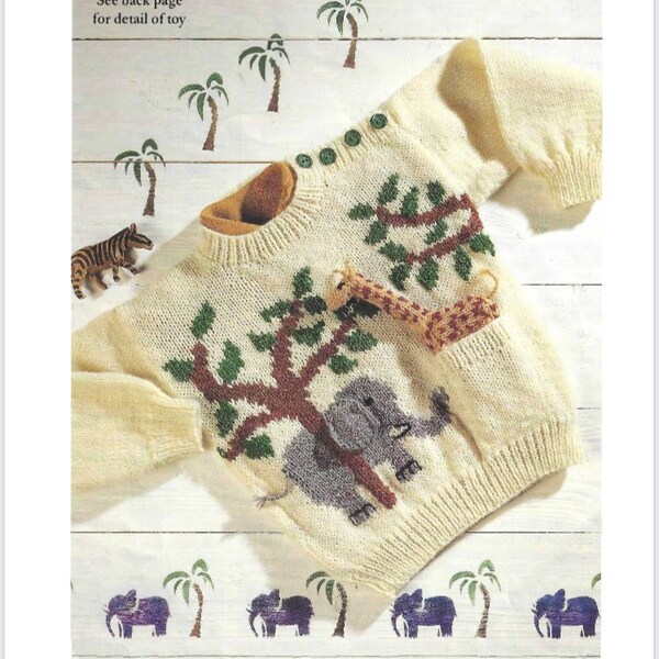 Beautiful Safari Sweater with Cute Giraffe Toy knitting pattern, PDF. 1-7 Years. Double Knit, DK (US 8ply) Boy Girls Jumper Pullover