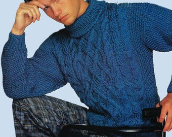 Men's Chunky Cable Sweater Gents Polo Neck Jumper Pullover PDF Knitting Pattern Bulky 12ply 36 - 46" Vintage Downloadable
