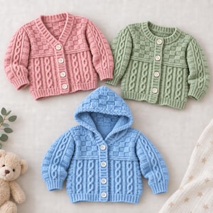 May include: Three long-sleeve knit cardigans in pink, sage green, and light blue. Each cardigan features a textured checkerboard pattern on the upper section, vertical cable knit detailing on the lower section, and a front button closure.