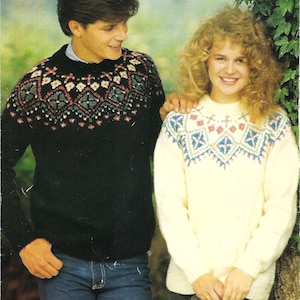 Mens Ladies Chunky Fair Isle Yoke Sweater Women&#39;s Yoked Jumper Pullover PDF Knitting Pattern Bulky 12ply 32 - 42&quot; Vintage Downloadable