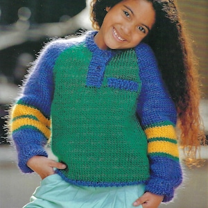 Girls Chunky Colour Block Sweater Button Front Childs Jumper Pullover PDF Knitting Pattern Bulky 12 ply 24 - 30&quot; Age 3 - 10 Vintage Download