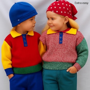 May include: Two children in colourful knitwear. One wears a red sweater with yellow sleeves and collar, a blue hat and trousers. The other has a red sweater with green and yellow accents, a red bandana, and teal trousers. The text "Extra easy" is visible.