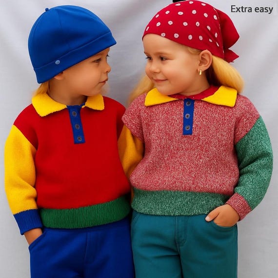 Super Easy Knit Childs Colour Block Sweater Polo Neck Jumper Boys