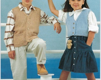 Boy and Girls Waistcoat Vest knitting pattern, PDF. 1-2 2-3 4-5 6-7 8-9 10 years. Double Knit, DK, 8ply. Sleeveless Cardigan Crop pockets