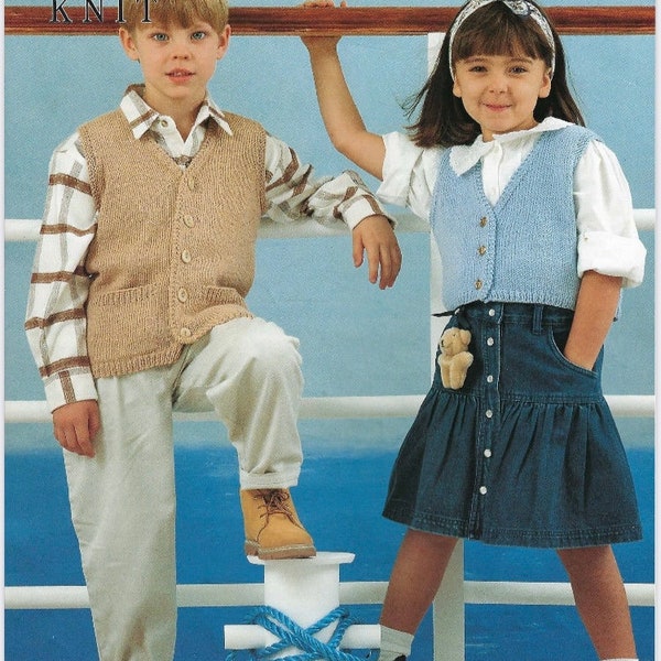 Boy and Girls Waistcoat Vest knitting pattern, PDF. 1-2 2-3 4-5 6-7 8-9 10 years. Double Knit, DK, 8ply. Sleeveless Cardigan Crop pockets