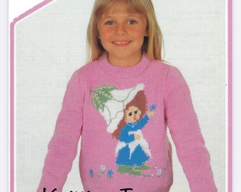 Knitting pattern PDF download, Victoria Plum Sweater Jumper. Ages 0-14 years. Double Knit DK 8ply. 4mm 3.25mm needles. Girls Motif Top