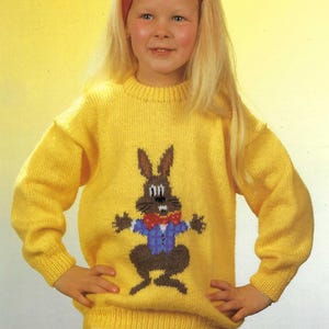 Children&#39;s Easter Bunny Intarsia Motif Sweater Rabbit Jumper PDF Knitting Pattern DK 8ply Toddler Boys Girls 22 - 26&quot; Age 1 - 6 Vintage