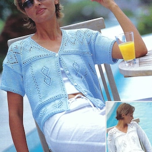Women's Long or Short Sleeve Summer Cardigan PDF Knitting Pattern Ladies V Neck Lacy Diamond Design Jacket Cotton DK 8ply 32 - 42" Download
