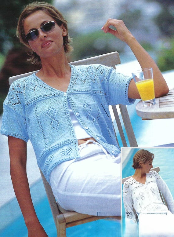 Women's Long or Short Sleeve Summer Cardigan PDF Knitting Pattern Ladies V  Neck Lacy Diamond Design Jacket Cotton DK 8ply 32 42
