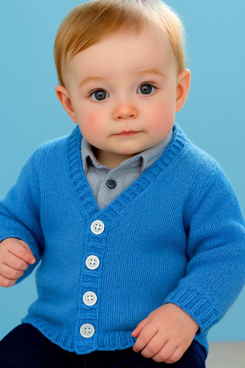 Puede incluir: Un beb&eacute; con un c&aacute;rdigan azul brillante con botones blancos sobre una camisa gris. El beb&eacute; tiene la piel clara, ojos azules y cabello rojo claro. El fondo es azul claro liso.