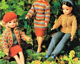 Teenage Fashion Dolls Clothes 3 Outfits Trousers Jacket Sweater Dress Skirt PDF Knitting Pattern 4ply Height 11 - 12" Vintage Download