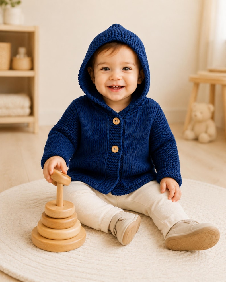 May include: A deep blue knitted hooded cardigan featuring two light-colored wooden buttons on the front. The garment has long sleeves and a textured knit pattern, providing a warm layer for a child, paired with light-colored pants and shoes.