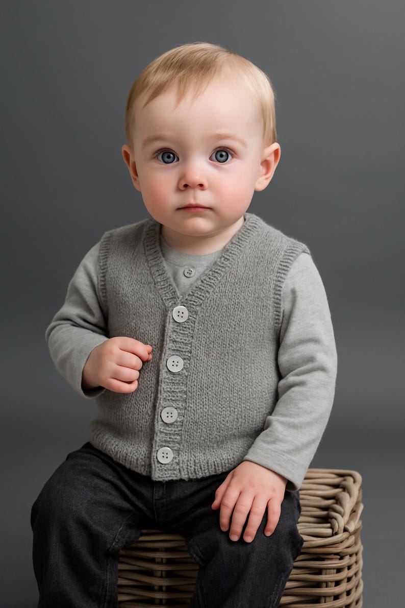 Puede incluir: Un beb&eacute; con un chaleco de punto gris con cuatro botones blancos sobre una camiseta gris de manga larga. El beb&eacute; tambi&eacute;n lleva pantalones grises oscuros. El fondo es de color gris liso.