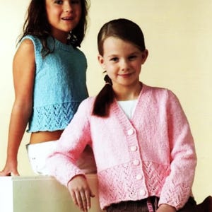 Girls Lace Edge V Neck Cardigan & Sleeveless Sweater Top Set PDF Knitting Pattern DK 8ply 20 - 30&quot; Baby Toddler 6m - 10 yrs Vintage Download