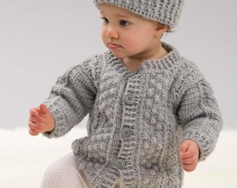 Baby Boys Girls Crochet Cardigan & Beanie Hat PDF Pattern Childs Cable Jacket DK 8ply 16 - 22" Age 0 - 2 years Toddler Downloadable