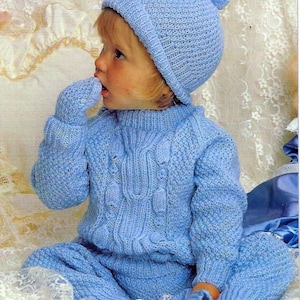 Baby Boys Pram Set Sweater Trousers Beanie Hat Mittens with Cable Design PDF Knitting Pattern DK 8ply 18 - 22&quot; Toddler 3m - 2 yrs Vintage