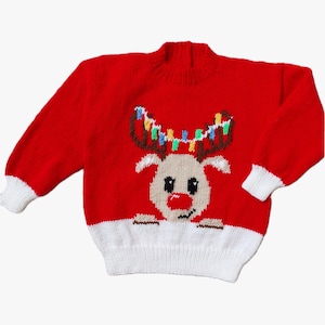 Knitting Pattern PDF Childs Reindeer Motif Christmas Sweater Boys Girls Festive Jumper  DK 8ply 18 - 26&quot; 3mths - 7 yrs Downloadable
