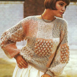 Ladies Block Design Sweater Womens Bobble & Lace Square Jumper PDF Knitting Pattern Aran 10ply Worsted 34 - 36&quot; Vintage Downloadable