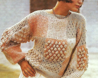 Ladies Block Design Sweater Womens Bobble & Lace Square Jumper PDF Knitting Pattern Aran 10ply Worsted 34 - 36" Vintage Downloadable