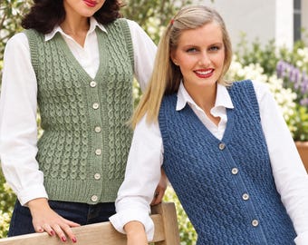 Ladies Waistcoat Knitting Pattern PDF Womens Lace and Cable V Neck Vests DK 32–40"