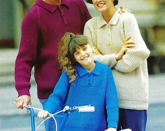 Family Fishermans Rib Polo Shirt Style Sweater Mens Ladies Childs Jumper with Collar PDF Knitting Pattern DK 8ply 24 - 44" Vintage Download