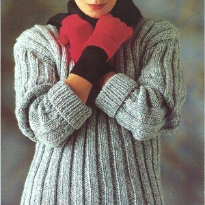 Easy Knit Ladies Rib Sweater PDF Knitting Pattern Womens Chunky Long Jumper Bulky 12ply Up to 42inch Vintage Pullover Downloadable