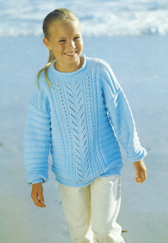 Girls Lace Panel Tunic Sweater Roll Neck Jumper Knitting Pattern PDF Cotton  DK 8ply 22- 32